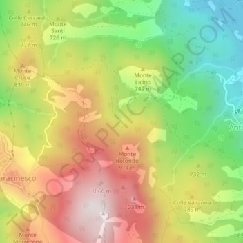 Mapa topográfico Fonte Peruglia, altitud, relieve