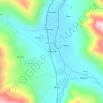 Mapa topográfico Thang Dumru, altitud, relieve