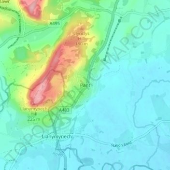 Mapa topográfico Pant, altitud, relieve