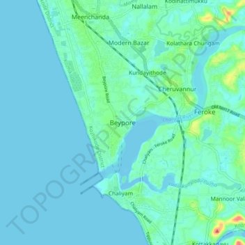 Mapa topográfico Beypore, altitud, relieve