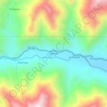 Mapa topográfico Canchan, altitud, relieve