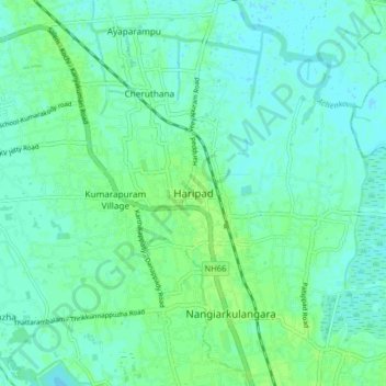 Mapa topográfico Haripad, altitud, relieve