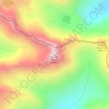 Mapa topográfico Corteo Peak, altitud, relieve