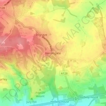 Mapa topográfico Herongate, altitud, relieve