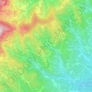 Mapa topográfico Les Martins, altitud, relieve