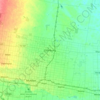 Mapa topográfico Edinburg, altitud, relieve
