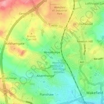 Mapa topográfico Wrenthorpe, altitud, relieve