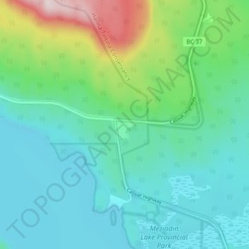 Mapa topográfico Meziadin Junction, altitud, relieve
