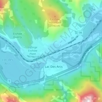 Mapa topográfico Exshaw, altitud, relieve
