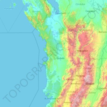 Mapa topográfico Chocó, altitud, relieve