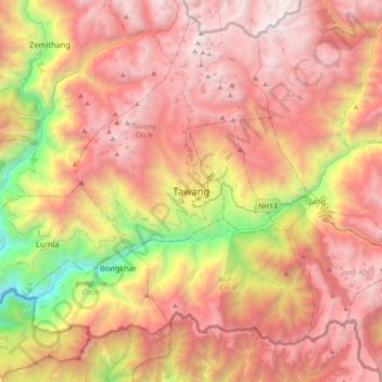 Mapa topográfico Tawang, altitud, relieve