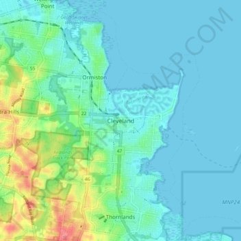 Mapa topográfico Cleveland, altitud, relieve