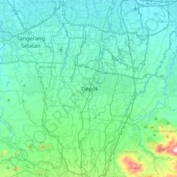 Mapa topográfico Depok, altitud, relieve