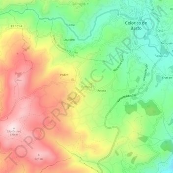 Mapa topográfico Arnoia, altitud, relieve
