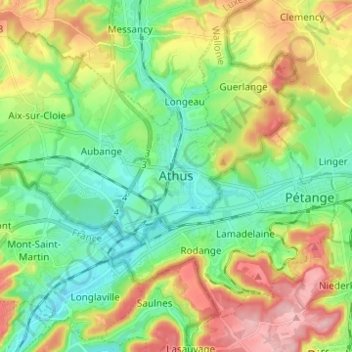 Mapa topográfico Athus, altitud, relieve