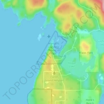 Mapa topográfico Mansons Landing, altitud, relieve