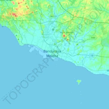 Mapa topográfico Ciudad de Melaka, altitud, relieve