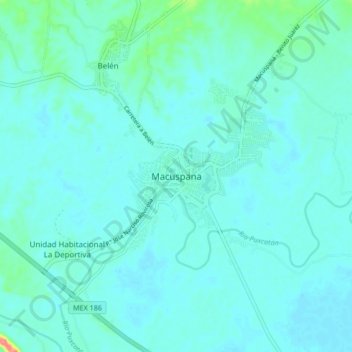 Mapa topográfico Macuspana, altitud, relieve