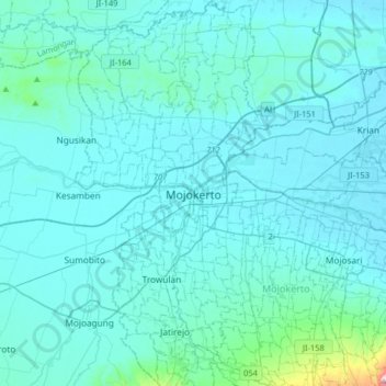 Mapa topográfico Mojokerto, altitud, relieve