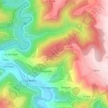 Mapa topográfico Les Veyssières, altitud, relieve