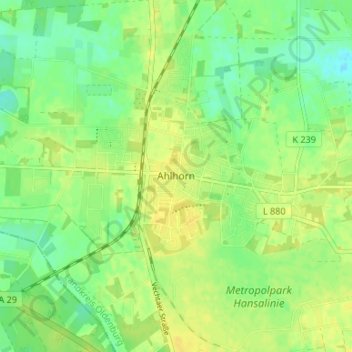Mapa topográfico Ahlhorn, altitud, relieve