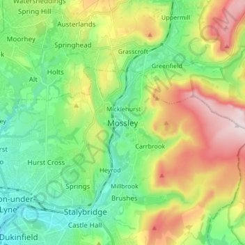 Mapa topográfico Mossley, altitud, relieve
