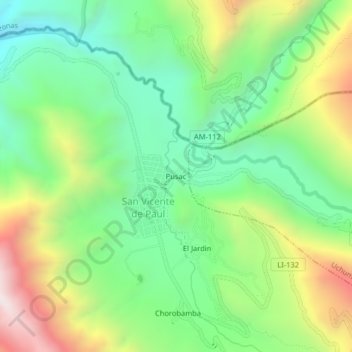 Mapa topográfico Pusac, altitud, relieve