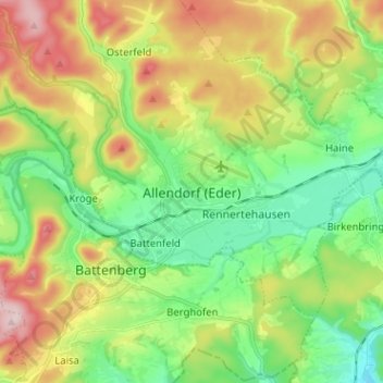 Mapa topográfico Allendorf (Eder), altitud, relieve