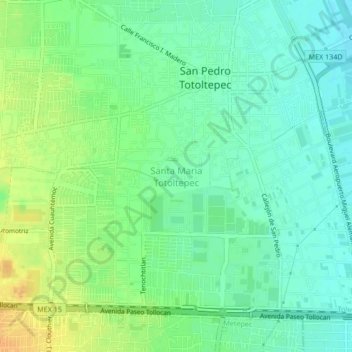 Mapa topográfico Santa Maria Totoltepec, altitud, relieve