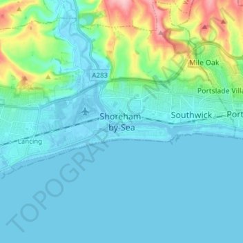 Mapa topográfico Shoreham-by-Sea, altitud, relieve