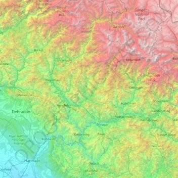 Mapa topográfico Tehri-Garhwal, altitud, relieve