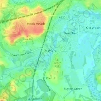 Mapa topográfico Mayford, altitud, relieve