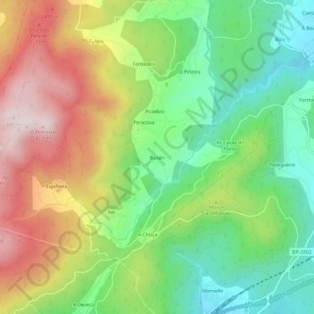 Mapa topográfico Buxán, altitud, relieve