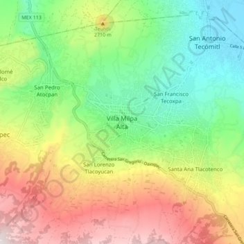 Mapa topográfico Villa Milpa Alta, altitud, relieve