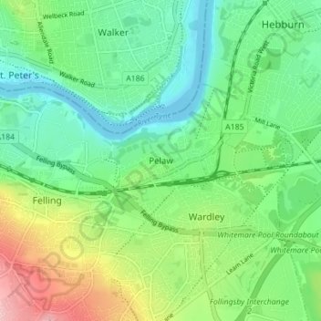 Mapa topográfico Pelaw, altitud, relieve