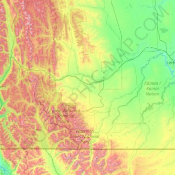Mapa topográfico Pincher Creek (town), altitud, relieve