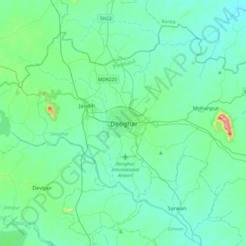 Mapa topográfico Deoghar, altitud, relieve