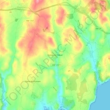 Mapa topográfico Hortas do Tabual, altitud, relieve
