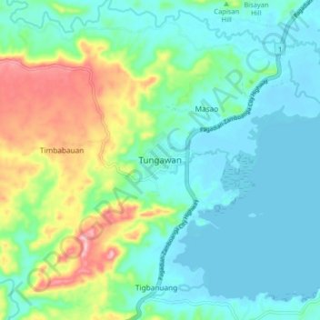 Mapa topográfico Tungawan, altitud, relieve