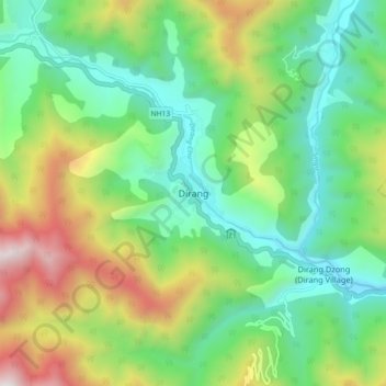 Mapa topográfico Dirang, altitud, relieve