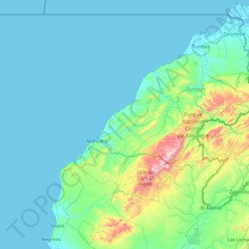 Mapa topográfico Distrito de Canoas de Punta Sal, altitud, relieve