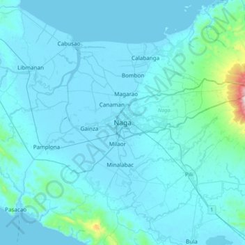 Mapa topográfico Naga, altitud, relieve