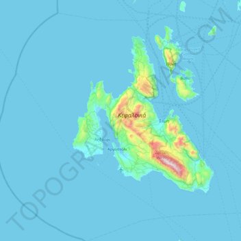 Mapa topográfico Kefalonia, altitud, relieve