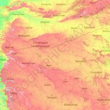 Mapa topográfico Maharashtra, altitud, relieve