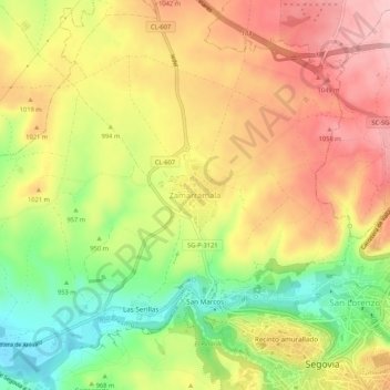 Mapa topográfico Zamarramala, altitud, relieve