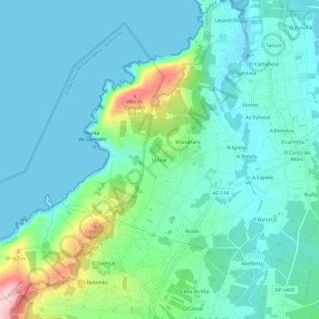 Mapa topográfico O Feal, altitud, relieve