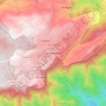 Mapa topográfico Kodaikanal, altitud, relieve