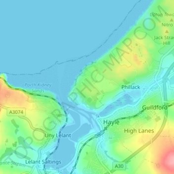 Mapa topográfico Riviere Towans, altitud, relieve