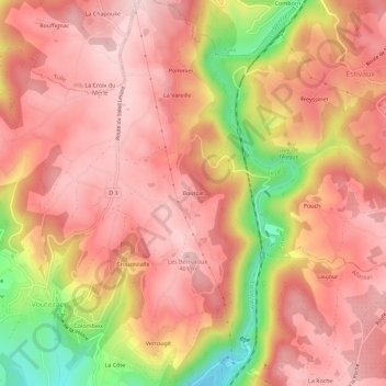 Mapa topográfico Bourzat, altitud, relieve