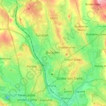 Mapa topográfico Burslem, altitud, relieve